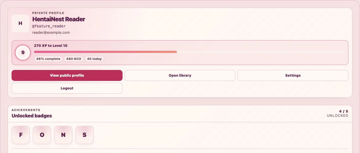 HentaiNest profile showing a reader level, NestoCoin balance, and unlocked badges